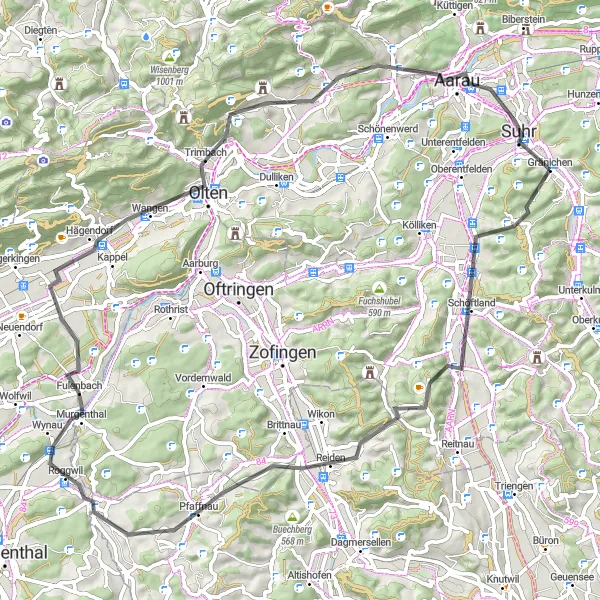 Miniatura della mappa di ispirazione al ciclismo "Avventuroso tour ciclistico da Staffelbach a Hägendorf" nella regione di Nordwestschweiz, Switzerland. Generata da Tarmacs.app, pianificatore di rotte ciclistiche