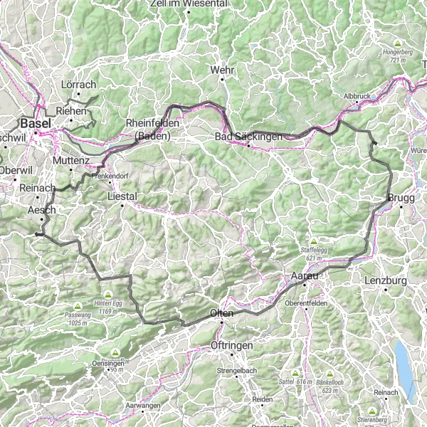 Kartminiatyr av "Opplev Santelhöchi og Strick på denne landeveissykkelturen" sykkelinspirasjon i Nordwestschweiz, Switzerland. Generert av Tarmacs.app sykkelrutoplanlegger