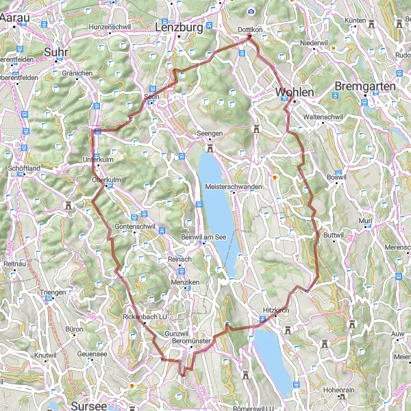 Karttaminiaatyyri "Hägglingen - Rickenbach LU - Surberg - Hendschiken" pyöräilyinspiraatiosta alueella Nordwestschweiz, Switzerland. Luotu Tarmacs.app pyöräilyreittisuunnittelijalla