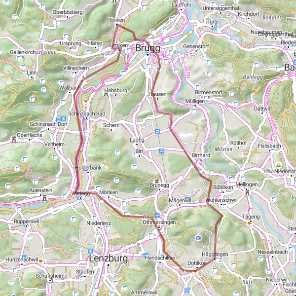 Map miniature of "Dottikon Gravel Adventure" cycling inspiration in Nordwestschweiz, Switzerland. Generated by Tarmacs.app cycling route planner