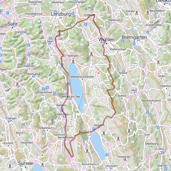 Map miniature of "Hägglingen Gravel Escape" cycling inspiration in Nordwestschweiz, Switzerland. Generated by Tarmacs.app cycling route planner