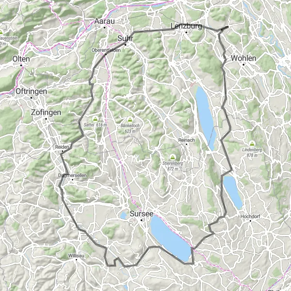 Miniatua del mapa de inspiración ciclista "Ruta de Ciclismo en Carretera a través de Nordwestschweiz" en Nordwestschweiz, Switzerland. Generado por Tarmacs.app planificador de rutas ciclistas