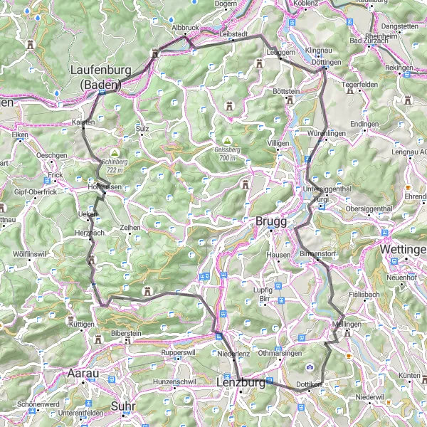 Miniatura della mappa di ispirazione al ciclismo "Strada dei Castelli e dei Laghi" nella regione di Nordwestschweiz, Switzerland. Generata da Tarmacs.app, pianificatore di rotte ciclistiche