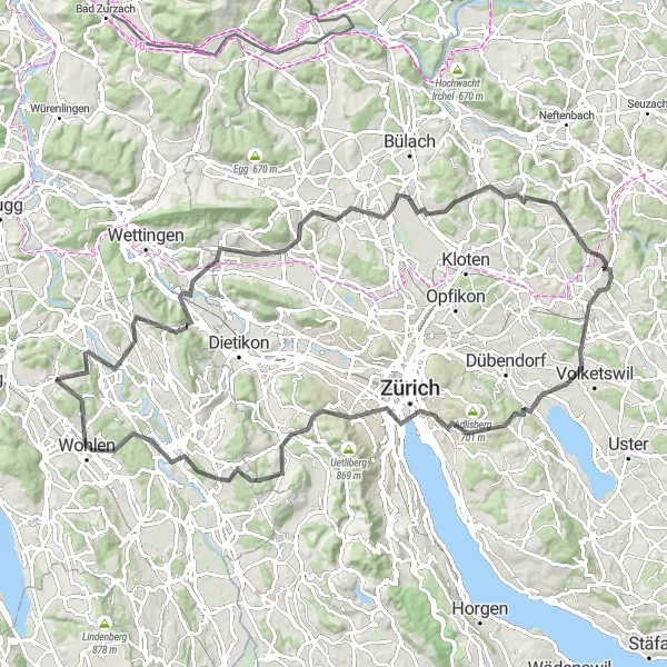 Miniatura della mappa di ispirazione al ciclismo "Tour ciclistico attraverso Heitersbergpass, Oberglatt e Zurich" nella regione di Nordwestschweiz, Switzerland. Generata da Tarmacs.app, pianificatore di rotte ciclistiche