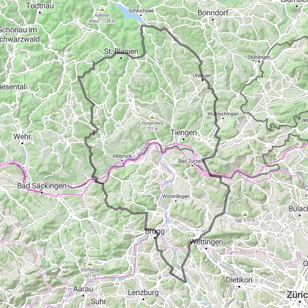 Map miniature of "Brugg Loop" cycling inspiration in Nordwestschweiz, Switzerland. Generated by Tarmacs.app cycling route planner