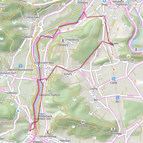 Map miniature of "Wildegg and Stäbliplatz Gravel Tour" cycling inspiration in Nordwestschweiz, Switzerland. Generated by Tarmacs.app cycling route planner