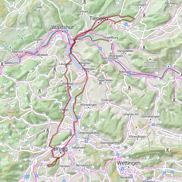 Karttaminiaatyyri "Breathtaking Brugg Gravel Challenge" pyöräilyinspiraatiosta alueella Nordwestschweiz, Switzerland. Luotu Tarmacs.app pyöräilyreittisuunnittelijalla