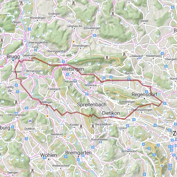 Map miniature of "Wettingen and Eiteberg Gravel Adventure" cycling inspiration in Nordwestschweiz, Switzerland. Generated by Tarmacs.app cycling route planner