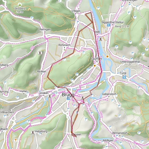 Map miniature of "Brugg and Windisch Gravel Route" cycling inspiration in Nordwestschweiz, Switzerland. Generated by Tarmacs.app cycling route planner