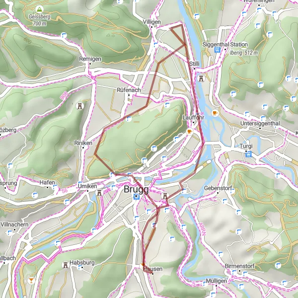 Miniatura della mappa di ispirazione al ciclismo "Percorso in bicicletta gravele da Hausen" nella regione di Nordwestschweiz, Switzerland. Generata da Tarmacs.app, pianificatore di rotte ciclistiche