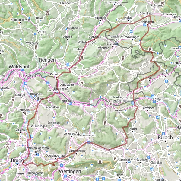 Miniatuurkaart van de fietsinspiratie "Avontuurlijke grindweg door Döttingen en Wil" in Nordwestschweiz, Switzerland. Gemaakt door de Tarmacs.app fietsrouteplanner