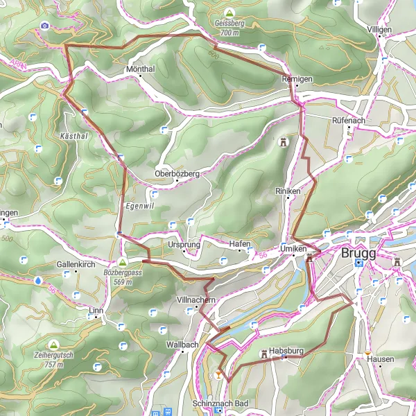 Mapa miniatúra "Gravel - Habsburg Loop" cyklistická inšpirácia v Nordwestschweiz, Switzerland. Vygenerované cyklistickým plánovačom trás Tarmacs.app