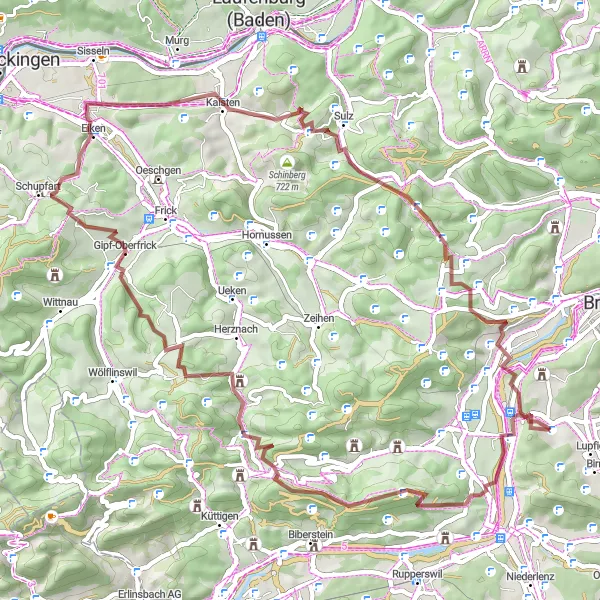 Karttaminiaatyyri "Kukkuloita ja metsäteitä: Hausen pyöräilyreitti" pyöräilyinspiraatiosta alueella Nordwestschweiz, Switzerland. Luotu Tarmacs.app pyöräilyreittisuunnittelijalla