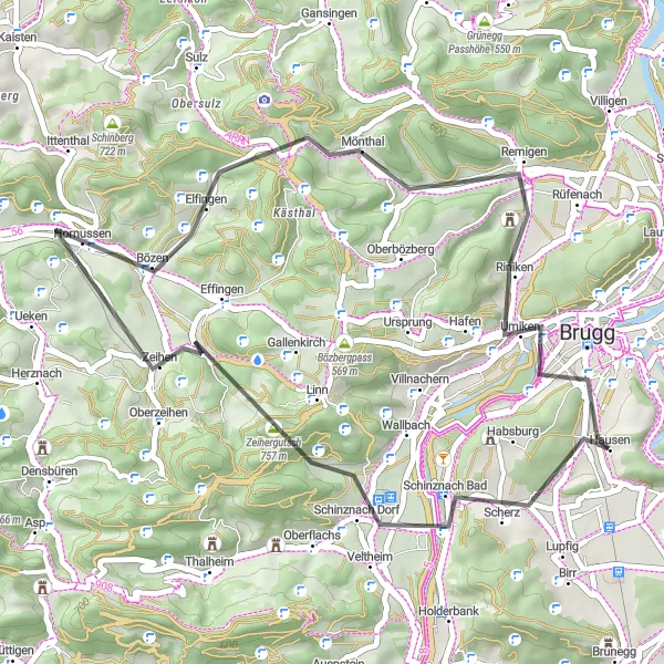 Map miniature of "Hausen and Bözen Road Cycling Tour" cycling inspiration in Nordwestschweiz, Switzerland. Generated by Tarmacs.app cycling route planner
