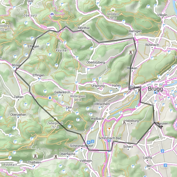 Miniatuurkaart van de fietsinspiratie "Pittoreske roadtrip via Effingen en Brugg" in Nordwestschweiz, Switzerland. Gemaakt door de Tarmacs.app fietsrouteplanner