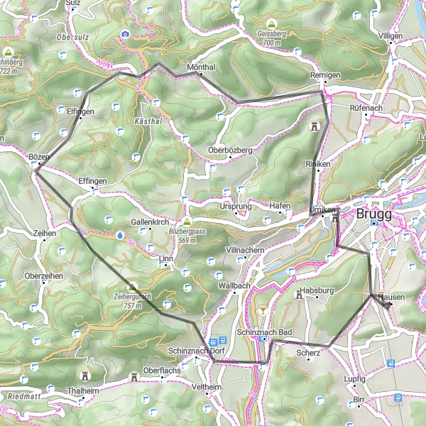 Miniatura della mappa di ispirazione al ciclismo "Giro in bicicletta da Hausen a Hausen (asfalto)" nella regione di Nordwestschweiz, Switzerland. Generata da Tarmacs.app, pianificatore di rotte ciclistiche