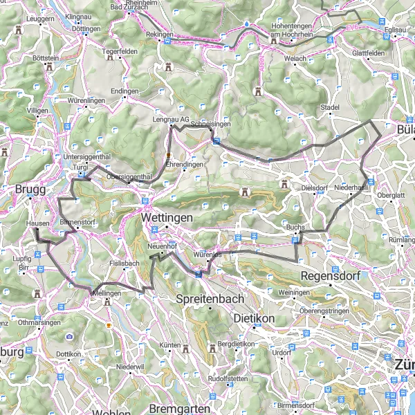 Miniatura della mappa di ispirazione al ciclismo "Giro in bicicletta da Hausen" nella regione di Nordwestschweiz, Switzerland. Generata da Tarmacs.app, pianificatore di rotte ciclistiche