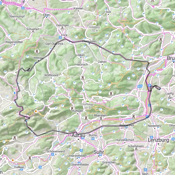Miniature de la carte de l'inspiration cycliste "Les Collines de Buchs" dans la Nordwestschweiz, Switzerland. Générée par le planificateur d'itinéraire cycliste Tarmacs.app