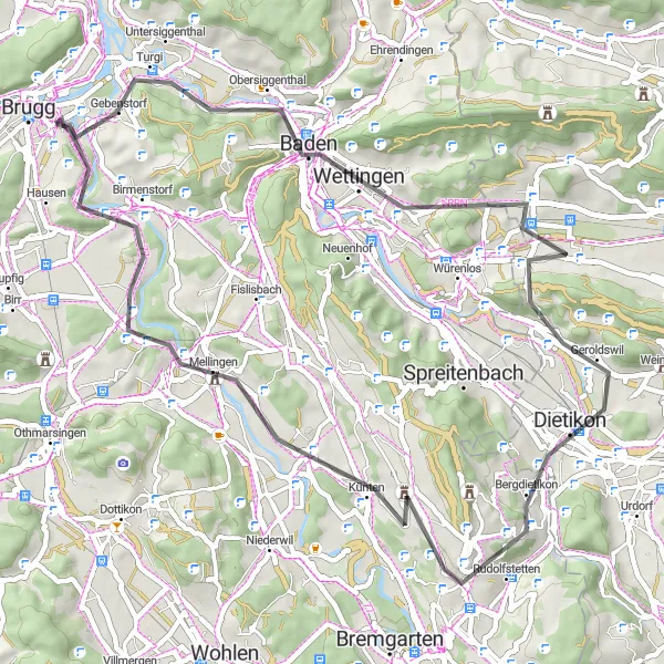 Map miniature of "Enchanting Wettingen Loop" cycling inspiration in Nordwestschweiz, Switzerland. Generated by Tarmacs.app cycling route planner