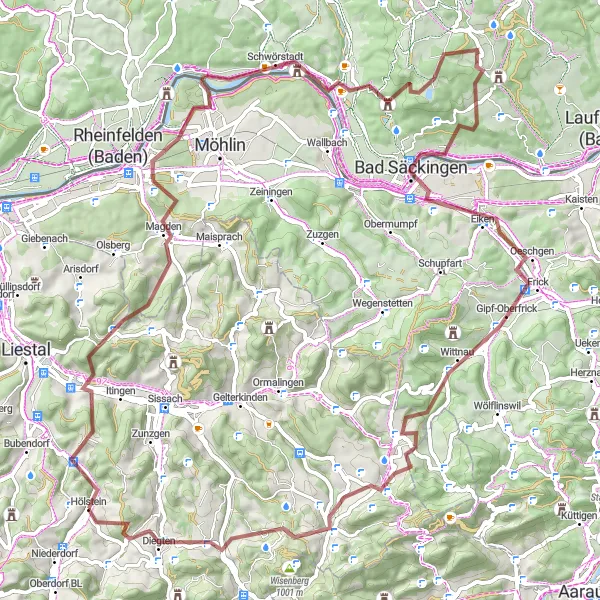 Map miniature of "Scenic Gravel Discoveries" cycling inspiration in Nordwestschweiz, Switzerland. Generated by Tarmacs.app cycling route planner