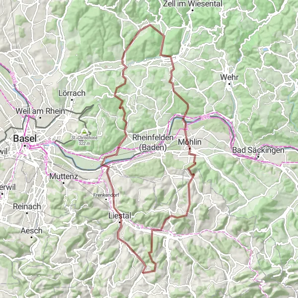 Kartminiatyr av "Lang grusvei sykkeltur gjennom Nordvest-Sveits" sykkelinspirasjon i Nordwestschweiz, Switzerland. Generert av Tarmacs.app sykkelrutoplanlegger