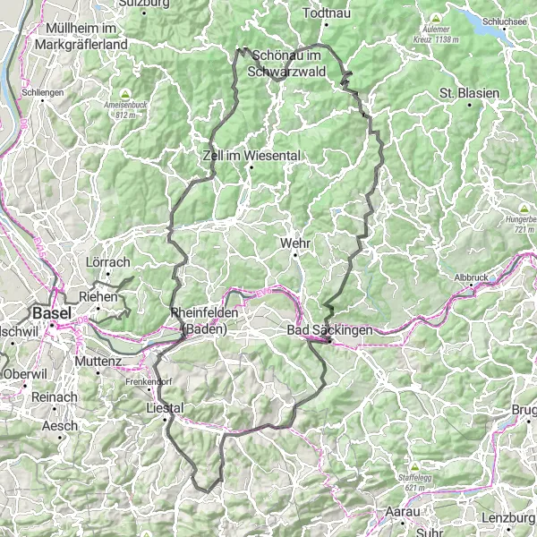 Zemljevid v pomanjšavi "Razgiban krog okoli Schwarzwald" kolesarske inspiracije v Nordwestschweiz, Switzerland. Generirano z načrtovalcem kolesarskih poti Tarmacs.app