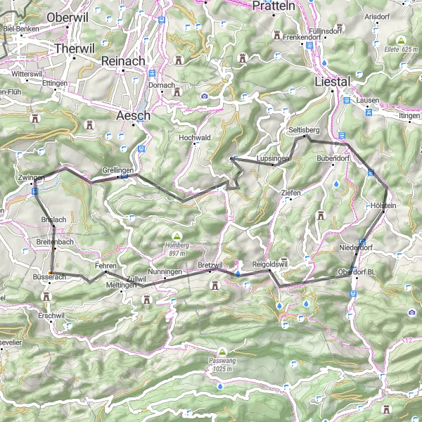 Miniature de la carte de l'inspiration cycliste "Tour du Hölstein - Zwingen" dans la Nordwestschweiz, Switzerland. Générée par le planificateur d'itinéraire cycliste Tarmacs.app