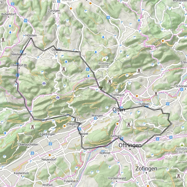 Miniatura della mappa di ispirazione al ciclismo "Giro ciclistico in bicicletta fuori strada attraverso Nordovest della Svizzera" nella regione di Nordwestschweiz, Switzerland. Generata da Tarmacs.app, pianificatore di rotte ciclistiche