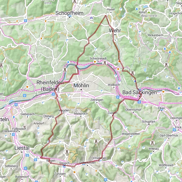 Miniatua del mapa de inspiración ciclista "Ruta de Gravel por el Valle del Rin desde Itingen" en Nordwestschweiz, Switzerland. Generado por Tarmacs.app planificador de rutas ciclistas