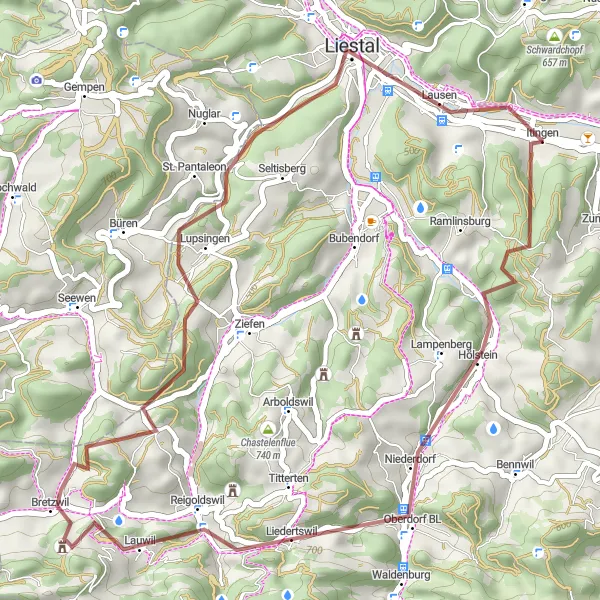 Karten-Miniaturansicht der Radinspiration "Rund um Liestal" in Nordwestschweiz, Switzerland. Erstellt vom Tarmacs.app-Routenplaner für Radtouren