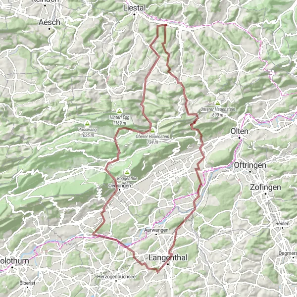 Map miniature of "Mountainous Delight: Itingen Gravel Challenge" cycling inspiration in Nordwestschweiz, Switzerland. Generated by Tarmacs.app cycling route planner
