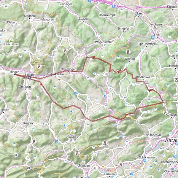 Map miniature of "Off the Beaten Track: Itingen Gravel Adventure" cycling inspiration in Nordwestschweiz, Switzerland. Generated by Tarmacs.app cycling route planner