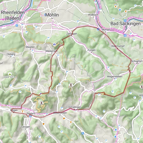 Mapa miniatúra "Gravel loop from Itingen via Mumpferflue and Gelterkinden" cyklistická inšpirácia v Nordwestschweiz, Switzerland. Vygenerované cyklistickým plánovačom trás Tarmacs.app