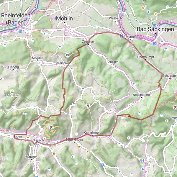 Miniaturekort af cykelinspirationen "Udfordrende Grusvej Cykelrute" i Nordwestschweiz, Switzerland. Genereret af Tarmacs.app cykelruteplanlægger