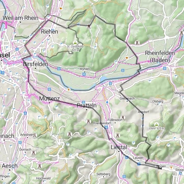 Kartminiatyr av "Liestal til Itingen Landevei Sykkeltur" sykkelinspirasjon i Nordwestschweiz, Switzerland. Generert av Tarmacs.app sykkelrutoplanlegger