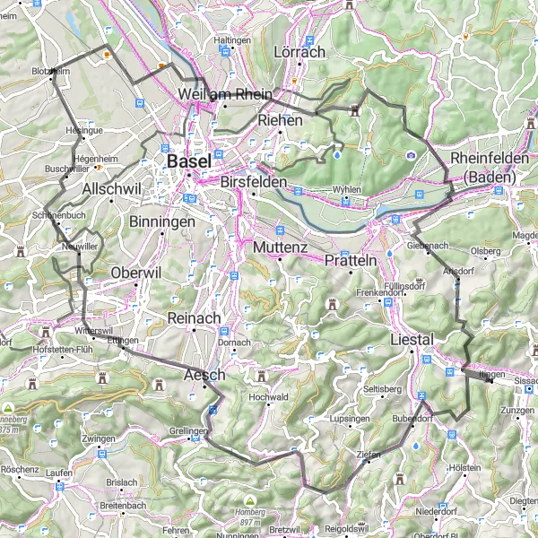 Miniatura della mappa di ispirazione al ciclismo "Giro in bicicletta da Itingen" nella regione di Nordwestschweiz, Switzerland. Generata da Tarmacs.app, pianificatore di rotte ciclistiche