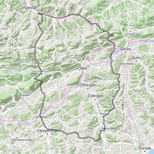 Miniatura della mappa di ispirazione al ciclismo "Giro in bicicletta da Itingen a Aarwangen" nella regione di Nordwestschweiz, Switzerland. Generata da Tarmacs.app, pianificatore di rotte ciclistiche
