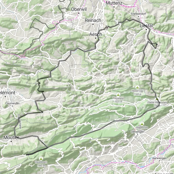 Miniatura della mappa di ispirazione al ciclismo "Giro epico da Itingen" nella regione di Nordwestschweiz, Switzerland. Generata da Tarmacs.app, pianificatore di rotte ciclistiche