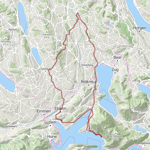 Miniatua del mapa de inspiración ciclista "Ruta de Grava Maschwanden-Konservatorium" en Nordwestschweiz, Switzerland. Generado por Tarmacs.app planificador de rutas ciclistas