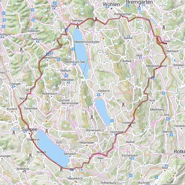 Miniatua del mapa de inspiración ciclista "Ruta de Grava Merenschwand-Jonen" en Nordwestschweiz, Switzerland. Generado por Tarmacs.app planificador de rutas ciclistas