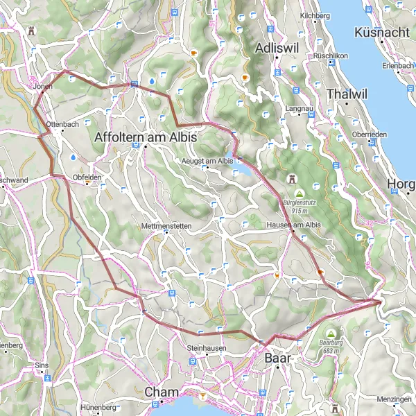 Map miniature of "Baarburg and Ottenbach Gravel Loop" cycling inspiration in Nordwestschweiz, Switzerland. Generated by Tarmacs.app cycling route planner