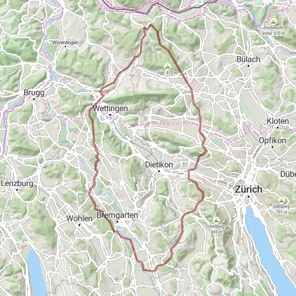 Map miniature of "Rottenschwil and Hürst Gravel Loop" cycling inspiration in Nordwestschweiz, Switzerland. Generated by Tarmacs.app cycling route planner