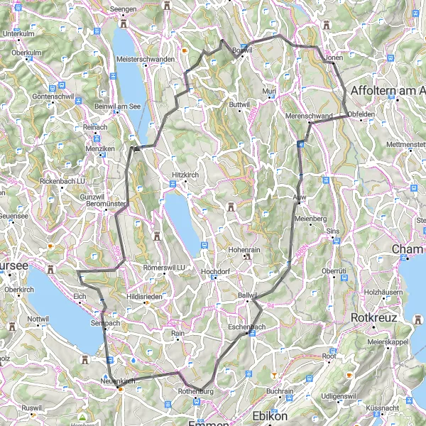 Map miniature of "Auw and Beromünster Loop" cycling inspiration in Nordwestschweiz, Switzerland. Generated by Tarmacs.app cycling route planner