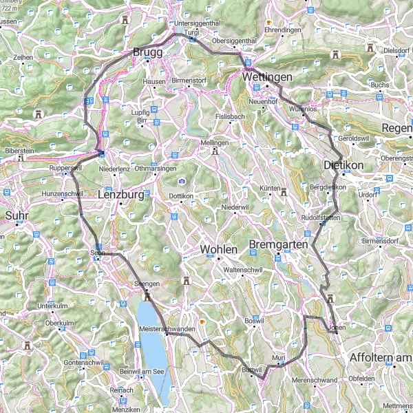 Miniature de la carte de l'inspiration cycliste "Parcours historique entre Bettwil et Oberwil" dans la Nordwestschweiz, Switzerland. Générée par le planificateur d'itinéraire cycliste Tarmacs.app
