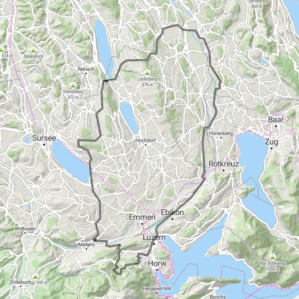 Map miniature of "Sins and Aesch LU Road Loop" cycling inspiration in Nordwestschweiz, Switzerland. Generated by Tarmacs.app cycling route planner