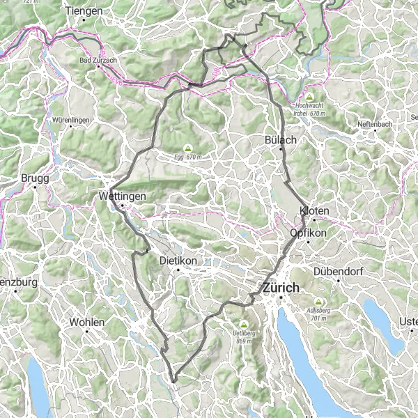 Map miniature of "Baden and Bülach Road Loop" cycling inspiration in Nordwestschweiz, Switzerland. Generated by Tarmacs.app cycling route planner