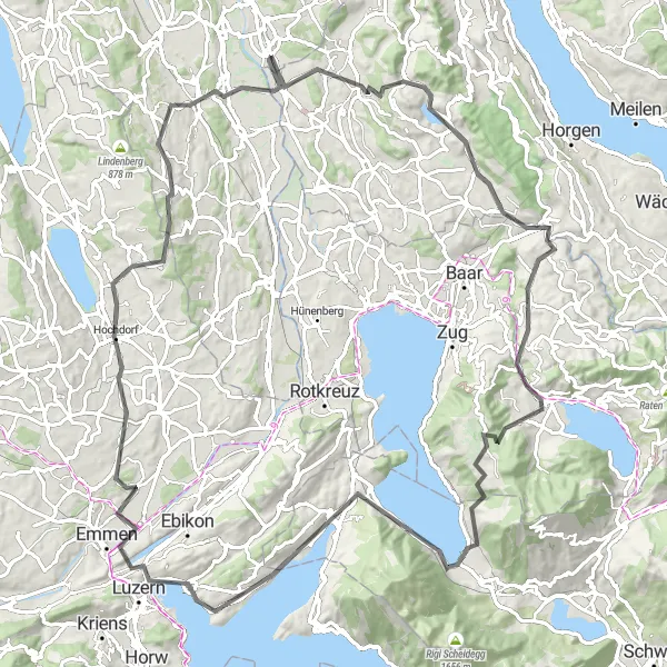 Map miniature of "Affoltern am Albis and Lucerne Road Loop" cycling inspiration in Nordwestschweiz, Switzerland. Generated by Tarmacs.app cycling route planner
