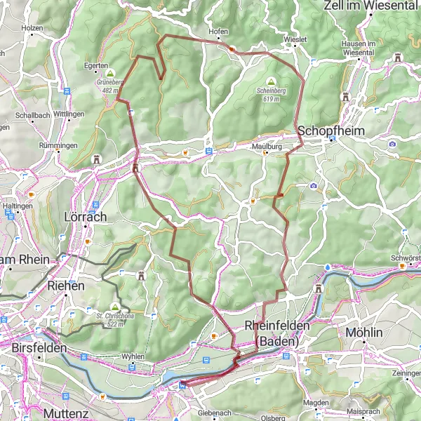 Miniatuurkaart van de fietsinspiratie "Gravelavontuur in de Omgeving van Kaiseraugst" in Nordwestschweiz, Switzerland. Gemaakt door de Tarmacs.app fietsrouteplanner
