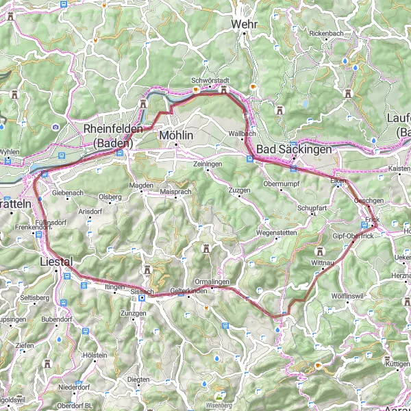 Miniatua del mapa de inspiración ciclista "Ruta de grava por Rheinfelden y Frick" en Nordwestschweiz, Switzerland. Generado por Tarmacs.app planificador de rutas ciclistas