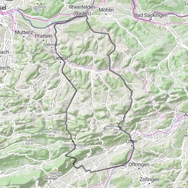Mapa miniatúra "Podél Rýna a Liestalu" cyklistická inšpirácia v Nordwestschweiz, Switzerland. Vygenerované cyklistickým plánovačom trás Tarmacs.app